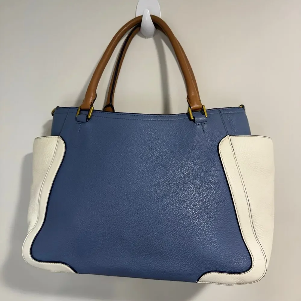 Tory Burch Frances Satchel Pebbled Leather Blue White Brown Colorblock Tote